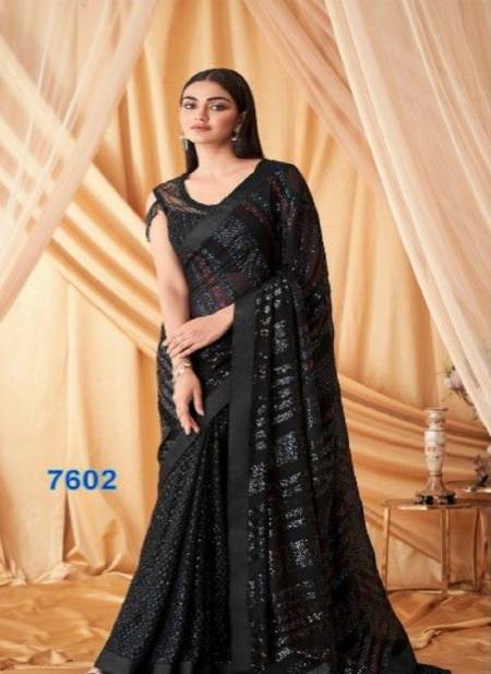 Dark Black Colour Sparkle 4 TFH New Latest Georgette Designer Party Wear Saree Suppliers In India SPA-7602